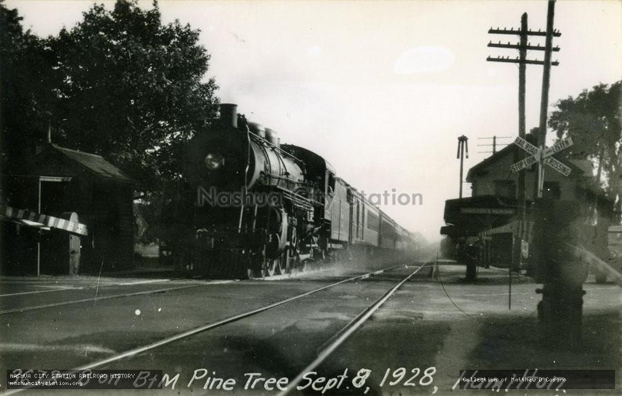 Postcard: 3673-8 on Boston & Maine Pine Tree - September 8, 1928 at Hamilton